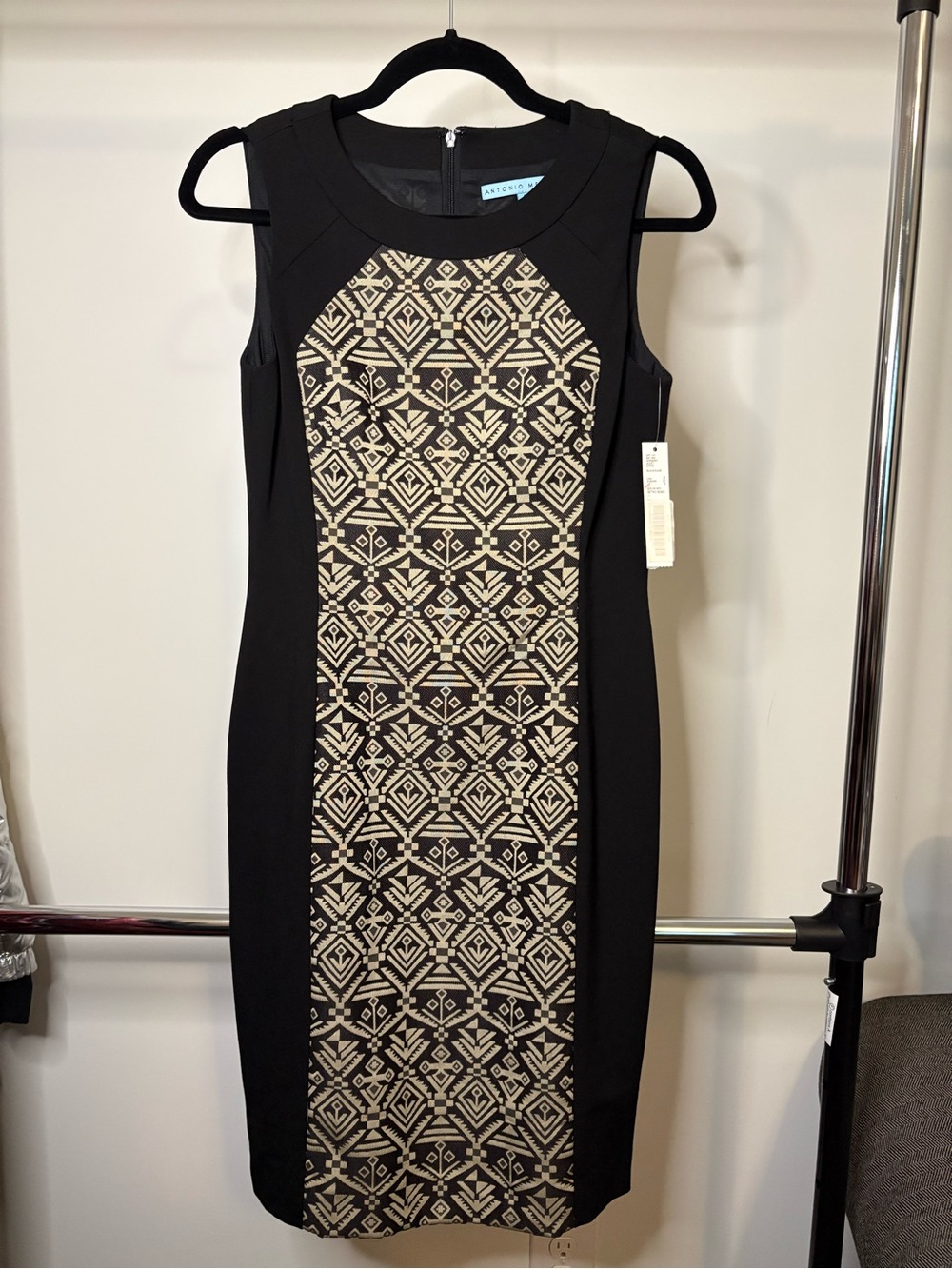 NWT ANTONIO MELANI Black Midi Dress with Cream Geometric Front Sz 2